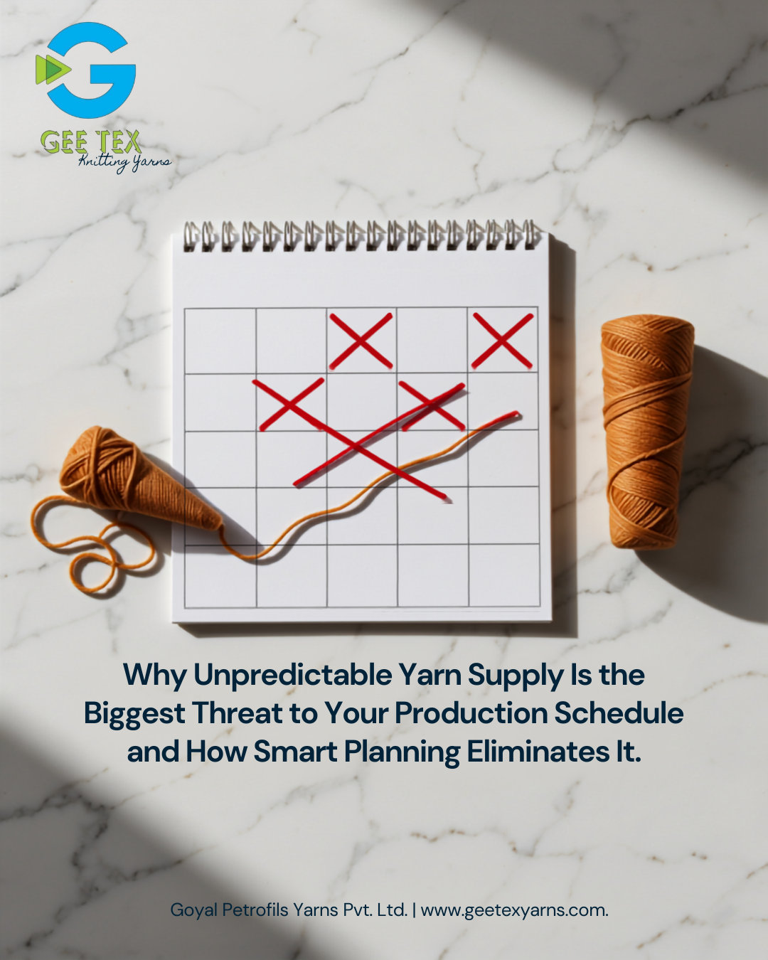 Disrupted planning with chaotic yarn layout, representing unpredictable yarn supply