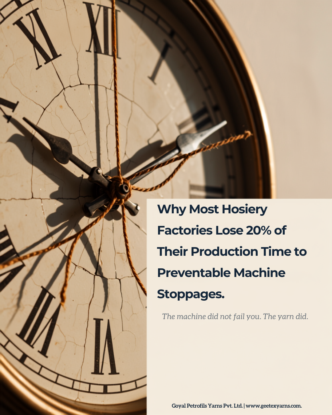 Industrial clock frozen at 10:10, representing lost production time